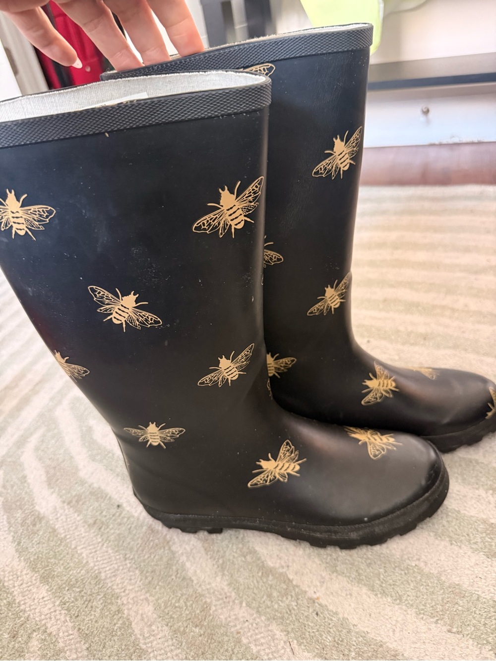 Serra Black Rain Boots with Gold Bee Print